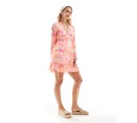 Vero Moda - Smilla - Vestito corto punto smock rosa a fiori sfocati con volant XS