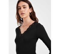Vero Moda T-shirt a maniche lunghe con scollo a V e bordo in pizzo nera-Nero XL
