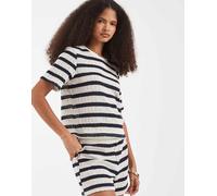 Vero Moda - T-shirt squadrata all'uncinetto color crema e blu navy a righe in coordinato-Bianco XS