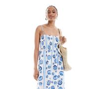 Vero Moda Tall - Vestito midi con spalline sottili blu con stampa di conchiglie XL