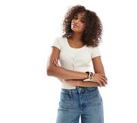 Vero Moda - Top a maniche corte in maglia super morbida a coste color betulla crema con bottoni frontali-Bianco 2XL