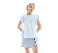 Vero Moda - Top accollato blu ricamato con manica con volant XS