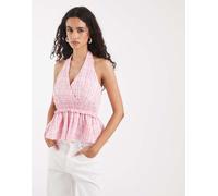 Vero Moda - Top allacciato al collo allacciato in vita arricciato rosa a quadri-Bianco M