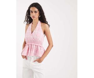 Vero Moda - Top allacciato al collo allacciato in vita arricciato rosa a quadri-Bianco M