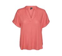 VERO MODA Top da Donna Stile Casual con Scollo a V e Polsini arrotolati, Camicia a Maniche Corte, Colore:Rosa Corallo, Taglia:L