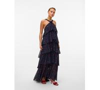 Vero Moda - Vestito lungo a balze blu navy con stampa di ciliegie XS