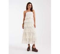 Vero Moda - Vestito lungo con spalline sottili in cotone color crema con stampa a fiorellini e finiture in pizzo a balze-Bianco M