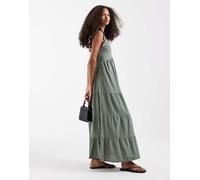 Vero Moda - Vestito lungo in cotone verde alloro arricciato con scollo profondo e balze L