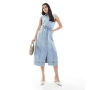 Vero Moda - Vestito midi senza maniche in denim lavaggio blu medio allacciato in vita e con bottoni XS