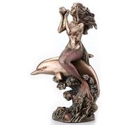 Veronese Design Sirena da 20 cm sul retro di un delfino in resina colata a freddo con finitura bronzo scultura