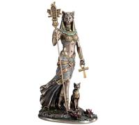 Veronese Design Statua della dea egiziana Bastet con sistrum e croce di Ankh con gatto in resina colata a freddo, scultura con finitura bronzo