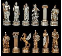 Veronese - Set di scacchi greci contro gli dei romani, 32 personaggi | Statuette degli dei dipinte a mano con targhette per il nome sulla base, Zeus contro Giove, Athena contro Marte