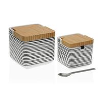 Versa Black Lines Set de Salero y Azucarero de Cerámica y Bambú, con Tapa de Madera y Cuchara de Metal, Misure (A x L x l) 11,2 x 11,7 x 11,8 cm, Ceramica e legno, Colore Bianco e nero