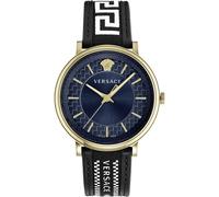 Versace Orologio da polso da uomo al quarzo moda cinturino in pelle nero cassa in acciaio inox display analogico blu - VE5A01821