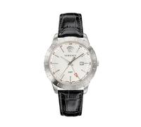 Versace Univers Herrenuhr Schwarz Leder Silber Edelstahl GMT 43mm VEBK00918