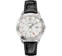 Versace Univers Herrenuhr Schwarz Leder Silber Edelstahl GMT 43mm VEBK00918