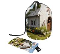 Versatile e chic: grande borsa per il trucco con chiusura a coulisse, una soluzione elegante per l'organizzazione di articoli da toeletta da donna, casa bianca con croce pasquale, Multicolore,