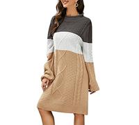Versear Abito da donna elegante con blocco di colori, a maniche lunghe, lunghezza al ginocchio, casual, invernale, oversize, a maglia grossa, cachi, M