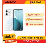 Versión global del smartphone OPPO Reno14 Pro 5G con procesador MTK Dimensity 8450, batería de 6200 mAh, pantalla AMOLED de 6,83 pulgadas y 120 Hz, y cámara principal de 50 MP. Opal White