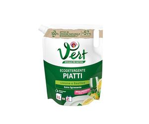 Vert - Ecodetergente Piatti - Fragranza Limone e Basilico, 100% Origine Naturale, Funzione Extra Sgrassante e Risciacquo Facile, Ipoallergenico, Adatto anche a Pelli Sensibili - Flacone da 1000ml