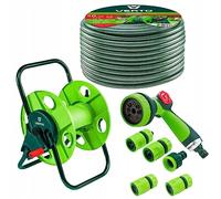VERTO Irrigazione da giardino completa: carrello tubolare, tubo da giardino 1/2" x 50 m, doccetta 8 funzioni, 3 connettori per tubo, tappo dell'acqua, connettore rubinetto (doccetta 8 funzioni, 1/2" x