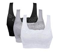 Vertvie Reggiseno Sportivo da Donna Reggiseno Confort Yoga Sportivo Supporto Allenamento Running Jogging Senza Ferretto Imbottitura Confezione Reggiseno in Pizzo da 3(A-Nero+Bianco+Grigio,L)