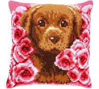 VERVACO Kit Cuscino Punto Croce CUCCIOLO TRA LE ROSE Set Ricamo Principianti Cuscini Gobelin Decorativi ca. 40 x 40 cm Accessori Per Lavoretti Creativi DIY Casa Decor Hobby Adulti Cross Stitch