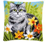 VERVACO Kit Cuscino Punto Croce GATTO TRA I FIORI Set Ricamo Principianti Cuscini Gobelin Decorativi ca. 40 x 40 cm Accessori Per Lavoretti Creativi DIY Casa Decor Hobby Adulti Cross Stitch
