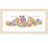 Vervaco Kit Punto Croce Contato GATTINI E LIBRI Decorativi Per Pareti 52 x 19 cm Set Fai Da Te Creativo Adulti Ricamo Casa Decor Arte Da Parete Kit Per Hobby Cross Stitch