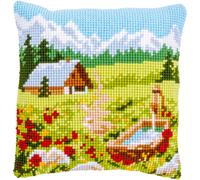 Vervaco kit punto croce stampato cuscino "Bergwiese mit Blumen und Haus", 40x40c