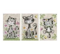 VERVACO Punto Croce Contato con Telaio RicamoSET di 3 Gatti E Fiori Decorativi Set Fai da Te Creativo Adulti Casa Decor Arte da Parete Kit per Hobby, Poliestere, Multicolor, 8 x 12 cm