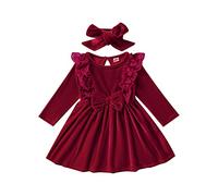 Verve Jelly Baby Toddler Girl Abiti in pile Set Ruffle Pizzo manica lunga Vita alta Bowknot Midi Dress + Fascia Princess Party Clothes Outfit 86 Wine Red 12-18 mesi