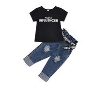 Verve Jelly Maglietta in cotone a maniche corte per bambina Vestiti estivi con jeans strappati Pantaloni in denim 2 pezzi Set di abiti di moda 130 nero 5-6 anni