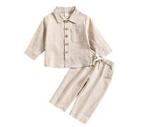 Verve Jelly Newborn Baby Boy Autunno Vestiti di Cotone Lino Manica Lunga Button Top T-Shirt di Colore Solido + Pantaloni Lunghi Set 2 pz Autunno Outfit Beige 120 3-4 anni