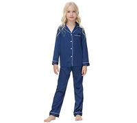 Verve Jelly Pigiama a maniche lunghe da bambino per bambini Set da salotto autunnale 2 pezzi Little Big Girls Boys Camicia abbottonata Top + Pantaloni lunghi Pigiama in raso Blu navy 150 11-12 anni