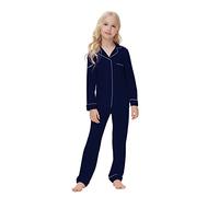 Verve Jelly Pigiama per Bambini Piccoli Ragazze e Ragazzi Autunno Inverno Pigiama in 2 Pezzi Camicia a Maniche Lunghe con Bottoni Top Pantaloni Lunghi Indumenti da Notte Blu Navy 150 11-12 Anni