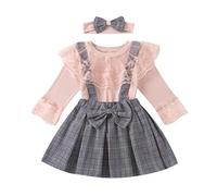 Verve Jelly Vestito da Bambino per Neonate Vestito a Maniche Lunghe Camicetta di Pizzo Top con Bretelle Gonna Vestito Vestito, Rosa, 130, 5-6 Anni