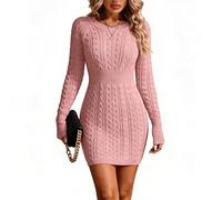 VerverSenceiy Abito da Donna in Maglia, a Coste, Elegante, Girocollo, Tinta Unita, Maniche Lunghe, Silhouette Aderente, Miniabito Invernale, Comodo e Versatile. (Rosa,M)