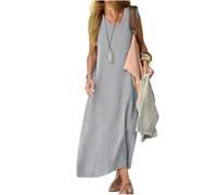 VerverSenceiy Abito da Spiaggia Estivo Senza Maniche con Scollo a V e Linea ad A in Misto Cotone e Lino da Donna, Un Abito Casual Comodo, Traspirante ed Elegante per Le Vacanze. (XL,Grigio)