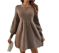 VerverSenceiy Abito Elegante da Donna in Maglia a Maniche Lunghe per l'autunno/Inverno Taglio Ampio con Gonna Svasata Che valorizza la Silhouette Design a Vita Alta con Maniche a Sbuffo (Kaki,M)