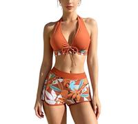VerverSenceiy Bikini a Due Pezzi per Donna, con Motivo Stampato, Top Bikini con Scollo a V e Fasce leganti nel Collo + Pantaloni Bikini a Vita Alta, Due Pezzi per Spiaggia e Mare, (Arancione,S)