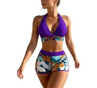 VerverSenceiy Bikini a Due Pezzi per Donna, con Motivo Stampato, Top Bikini con Scollo a V e Fasce leganti nel Collo + Pantaloni Bikini a Vita Alta, Due Pezzi per Spiaggia e Mare, (Violett,S)
