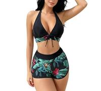 VerverSenceiy Bikini a Due Pezzi per Donna, con Motivo Stampato, Top Bikini con Scollo a V e Fasce leganti nel Collo + Pantaloni Bikini a Vita Alta, Due Pezzi per Spiaggia e Mare, (Nero,S)