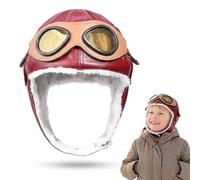 Vervora Cappello da aviatore per bambini, con occhiali, foderato in finta pelle, invernale, stile pilota, accessorio per foto e abiti a tema (pilota rosso)
