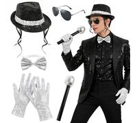 Vervora Set di accessori per travestimento da pop star anni '80, cappello Fedora nero con paillettes con capelli ricci, guanti argento, papillon, occhiali da sole e microfono, costume retrò da