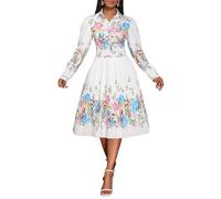 VERWIN Abito a tubino da donna con risvolto manica a tre quarti pieghettato floreale, bianco, XX-Large