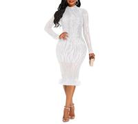 VERWIN Abito aderente da donna con paillettes patchwork abito a maniche lunghe elegante abito da sera maxi abito da festa, bianco, M