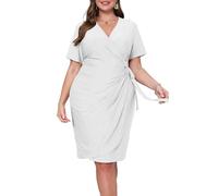 VERWIN Abito con scollo a V taglie forti Abito con cintura a maniche corte con volant glitterato abito aderente scintillante per feste da sera cocktail midi, bianco, 3XL (plus)