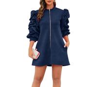 VERWIN Abito da ballo con cerniera frontale con maniche a volant - Abito midi da cocktail alla moda con colletto alla coreana - Casual ampio, Blu denim., L