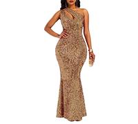 Verwin, Abito da donna a sirena con paillettes, senza maniche, con colletto obliquo, abito da sera aderente, Cammello, XL